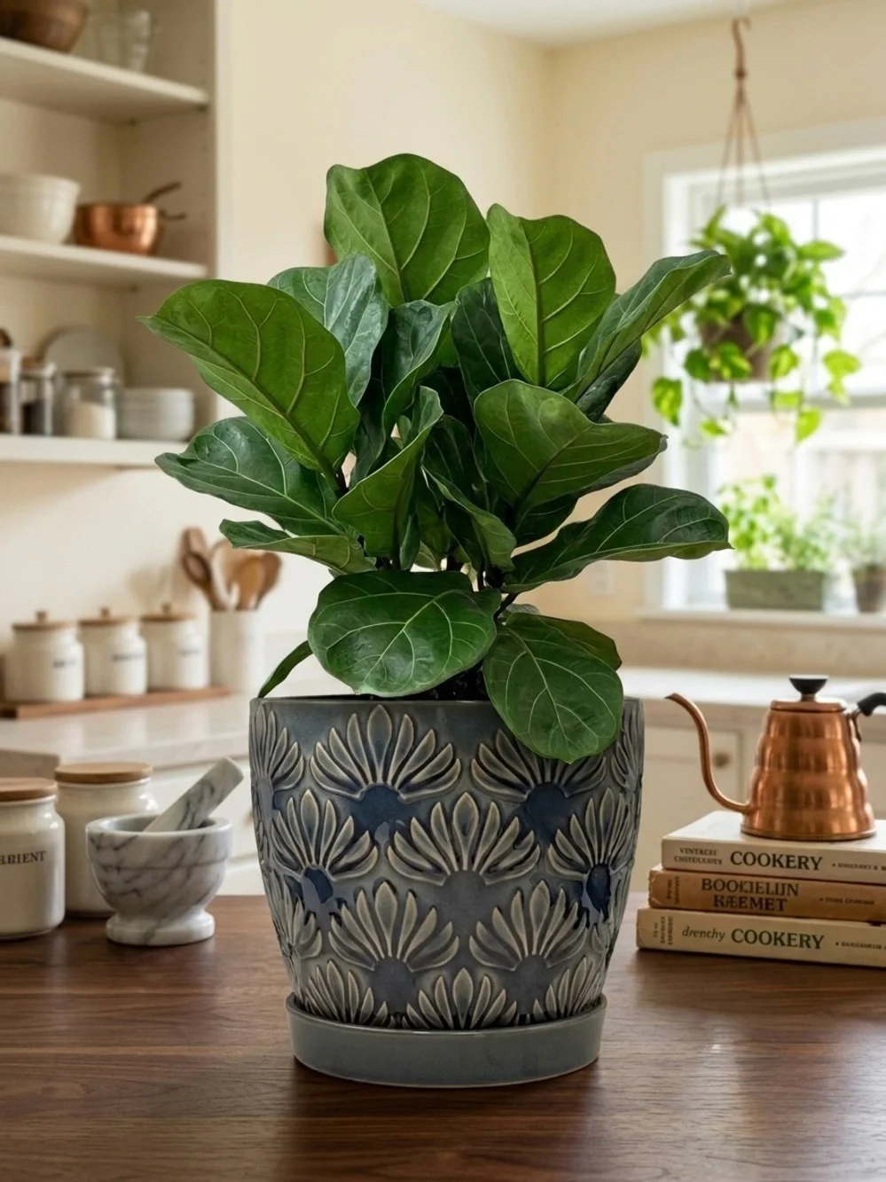6 inch Ceramic Planter with Saucer Attached, Blue Textured Flower Pot